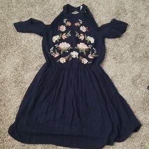 Navy blue flower embroidery dress
